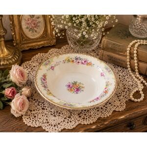 Vintage Floral Porcelain Berry Bowl Pink Ruffled Edge Gold Accents Rose 8"
